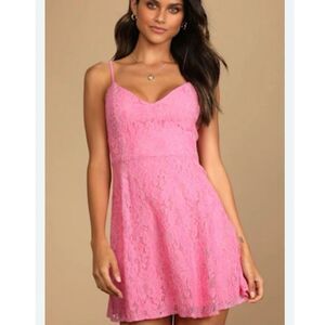 Lulus Women's XS Pink Lace Skater Mini Dress Sleeveless V-Neck
